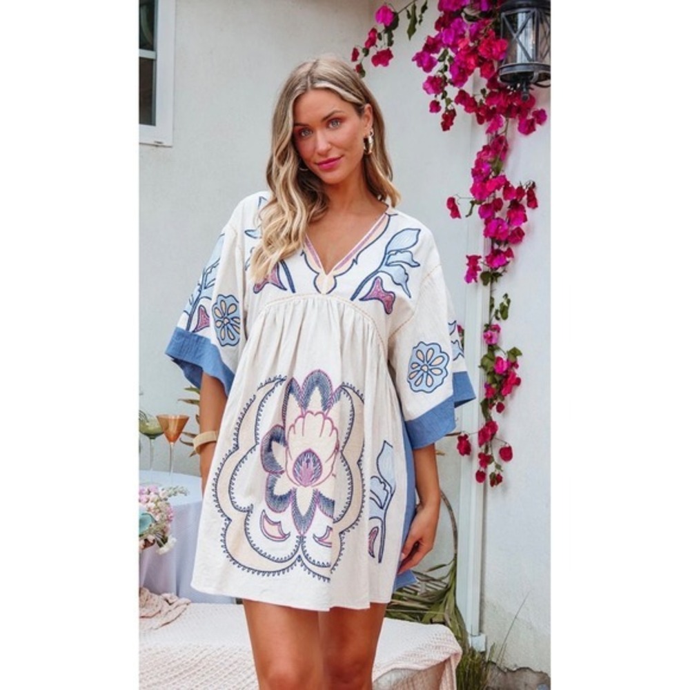 Umgee Womens‎ Boho Embroidered Babydoll Tunic Mini Dress Cream Blue Small NEW